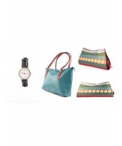 Seagreen Handbag + Banarsi Clutch + Black Strap watch